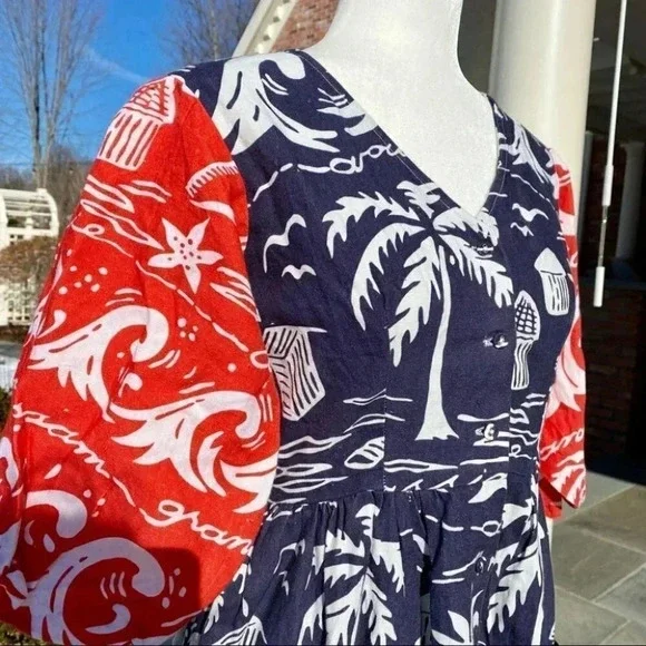 Anthropologie Place Nationale Linen Puff Sleeve Printed Midi Dress Red Small